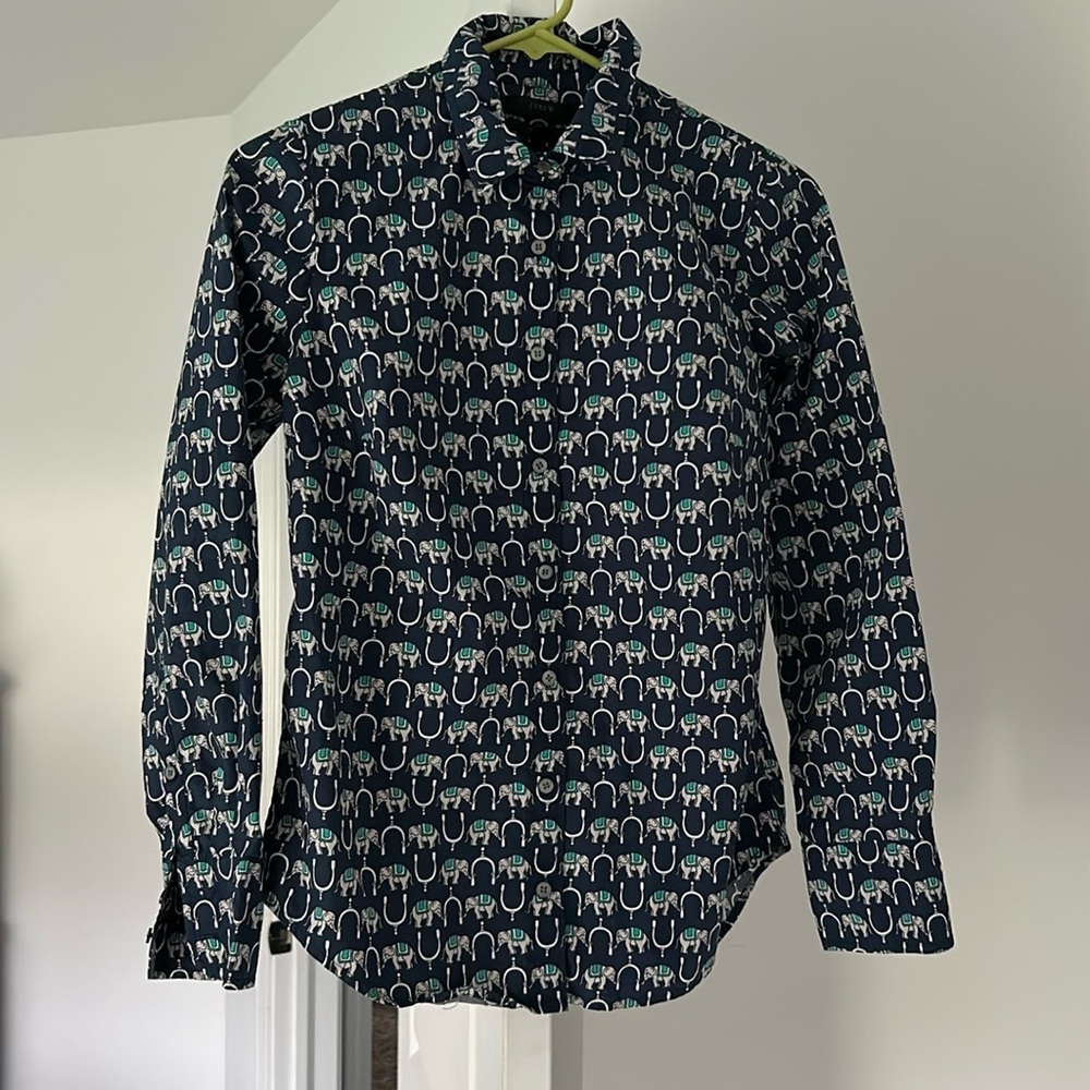 J Crew Slim Perfect Button Up Shirt Blue Elephant Print, Size 0
